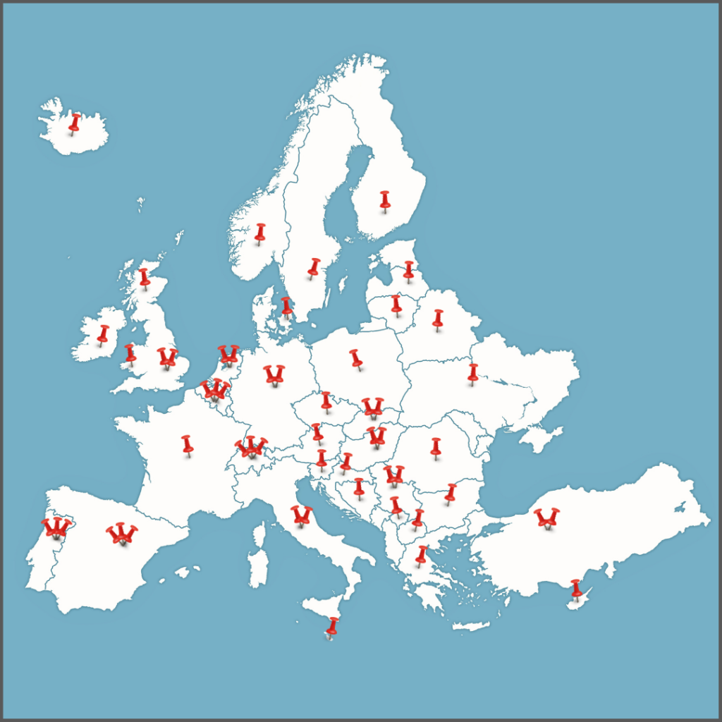 map of europe with pins on countries