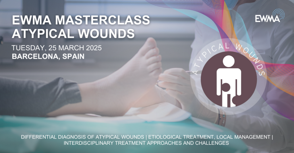 Graphic with a picture in the background showing a foot about to receive debridement treatment - EWMA Atypical wounds logo in the foreground.